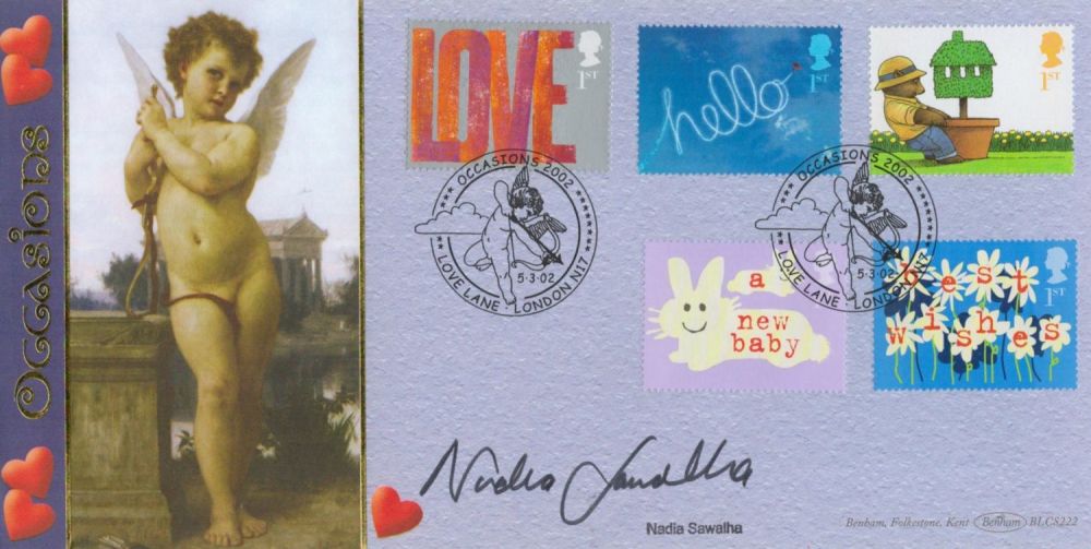 Lot 465: Nadia Sawalha signed Occasions Love Benham FDC double PM Occasions 2002 Love Lane London N17. Good