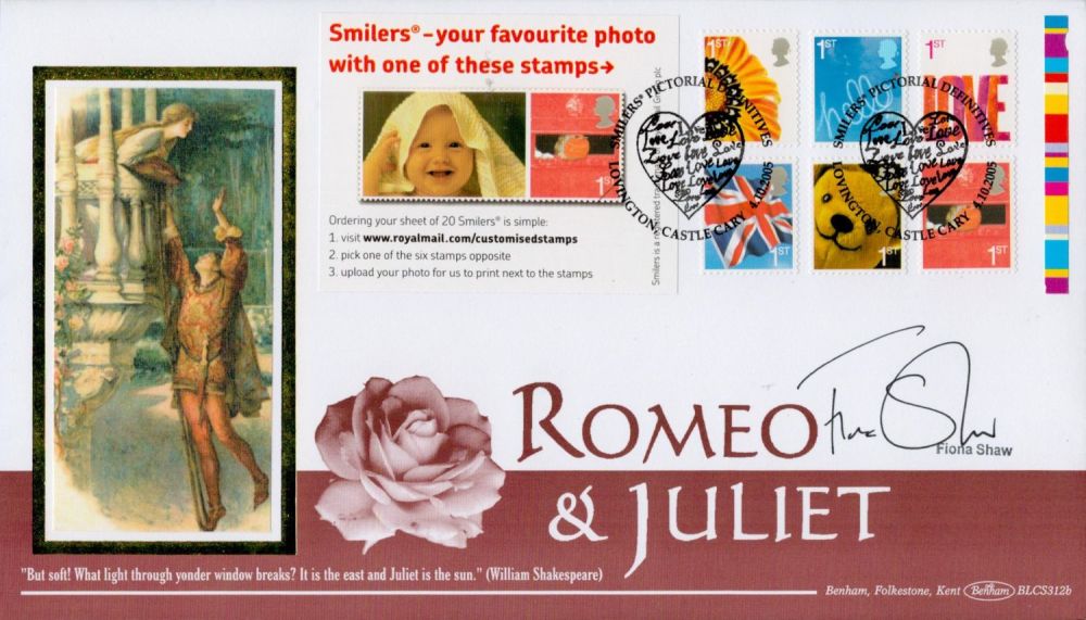 Lot 469: Fiona Shaw signed Romeo and Juliet Benham FDC double PM Smilers Pictorial Definitives Lovington