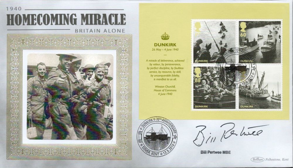 Lot 475: Bill Pertwee signed 1940 Homecoming Miracle Britain Alone Dunkirk 26 May-June 1940 Benham FDC PM