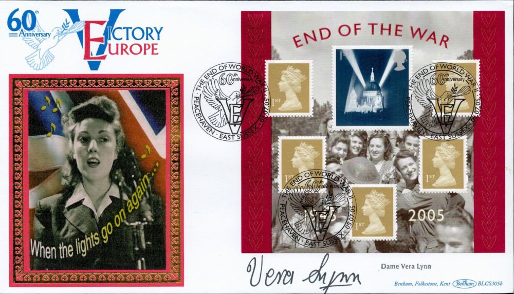 Lot 481: Dame Vera Lynn signed 60th Anniversary Victory Europe End of the War Benham FDC Triple PM The End of