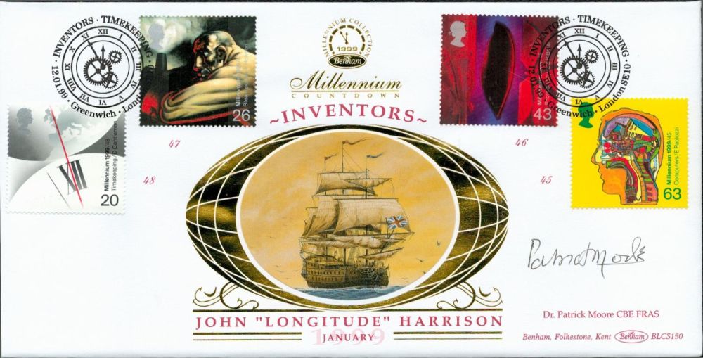 Lot 482: Patrick Moore signed Benham Millennium Collection Inventors John Longitude Harrison Benham FDC