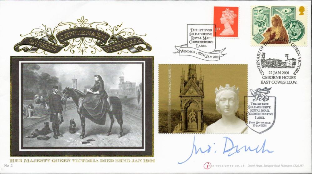 Lot 484: Dame Judi Dench signed Queen Victoria Centenary Internetstamps FDC Triple PM The 1st Ever Self