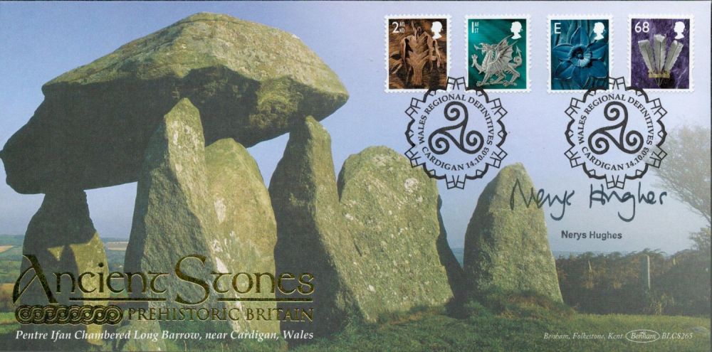Lot 491: Nerys Hughes signed Ancient Stones Prehistoric Britain Benham FDC Double PM Wales Regional
