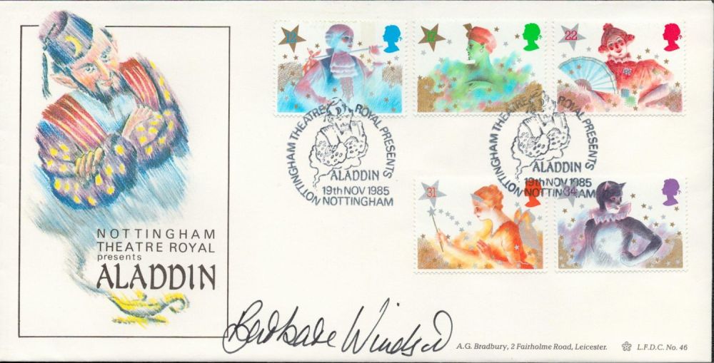 Lot 500: Barbara Windsor signed Nottingham Theatre Royal presents Aladdin FDC Double PM Nottingham Theatre