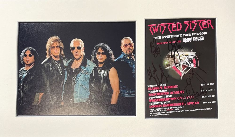 Lot 542: Twisted Sister autograph presentation. Mounted with signed tour flyer and one unsigned photo to