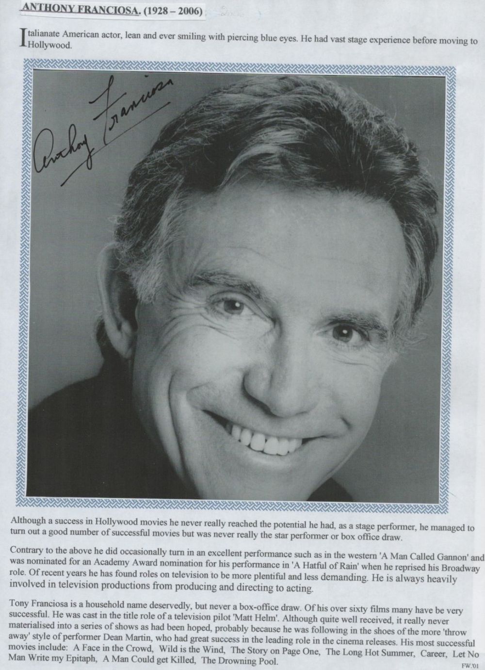 Lot 547: Anthony Franciosa Signed Black & White Bio Sheet....