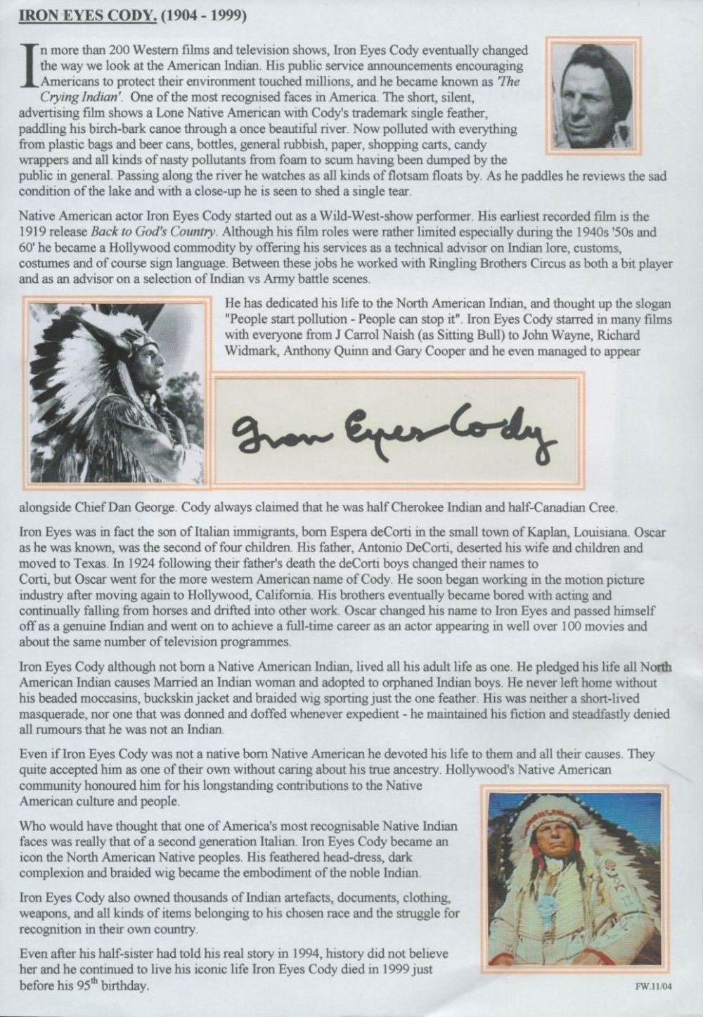 Lot 550: Iron Eyes Cody Signed Autograph Plus Bio Sheet....