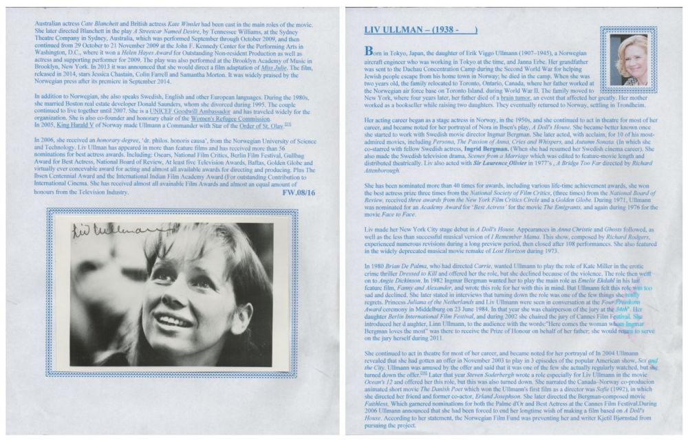 Lot 555: Liv Ullman Signed Black & White Photo Plus...
