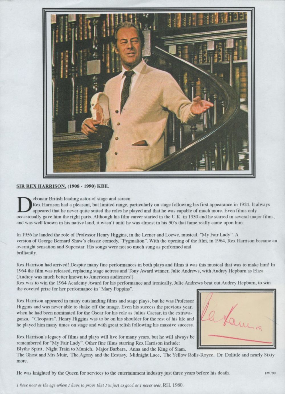 Lot 556: Sir Rex Harrison Signed Autograph Photo Plus Bio...