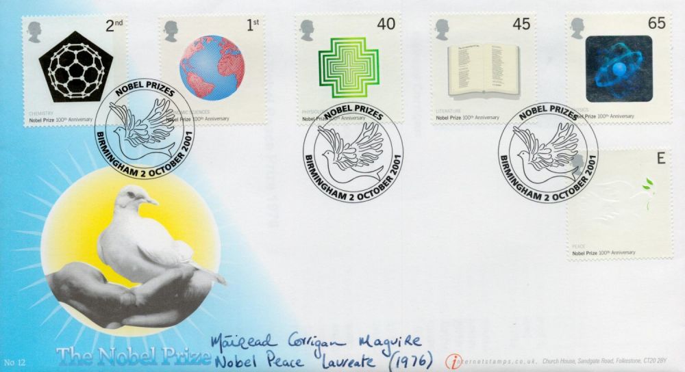 Lot 692: Mairead Corrigan Signed FDC. The Nobel Prizes. Maguire...