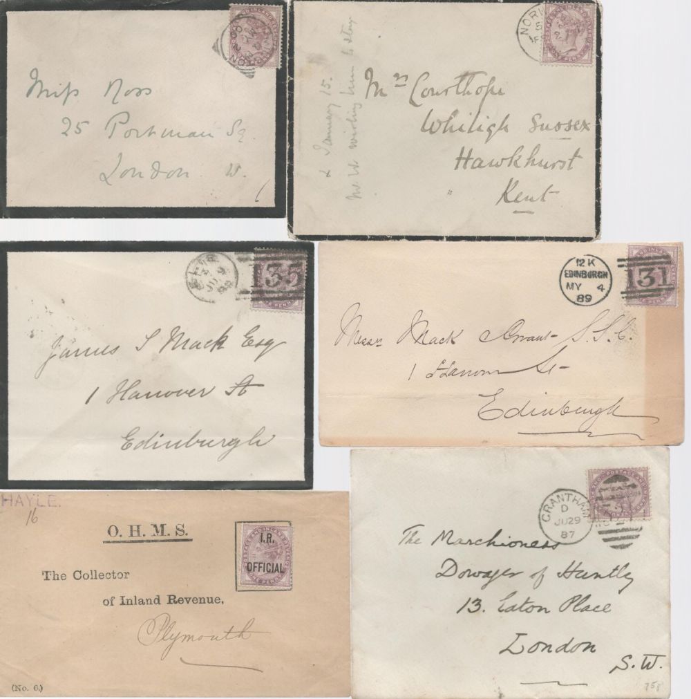 Lot 732: 1800s six covers with one penny Lilac stamps,...