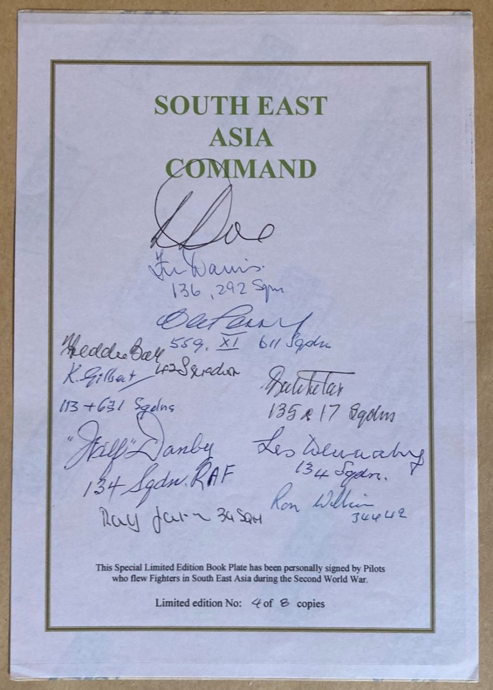 Lot 254: WW2 Southeast Asia pilots bookplate signed by 10...