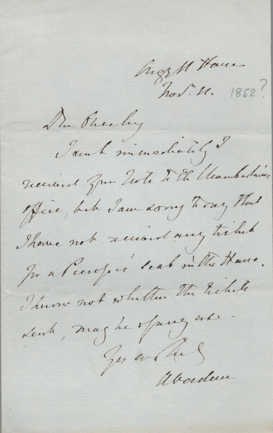 Lot 84: Earl of Aberdeen (Prime Minister) ALS regarding Chamberlains...
