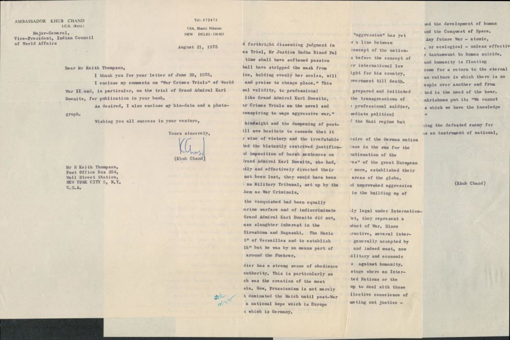 Lot 196: Military. Indian Major General Khub Chand Signed TLS...