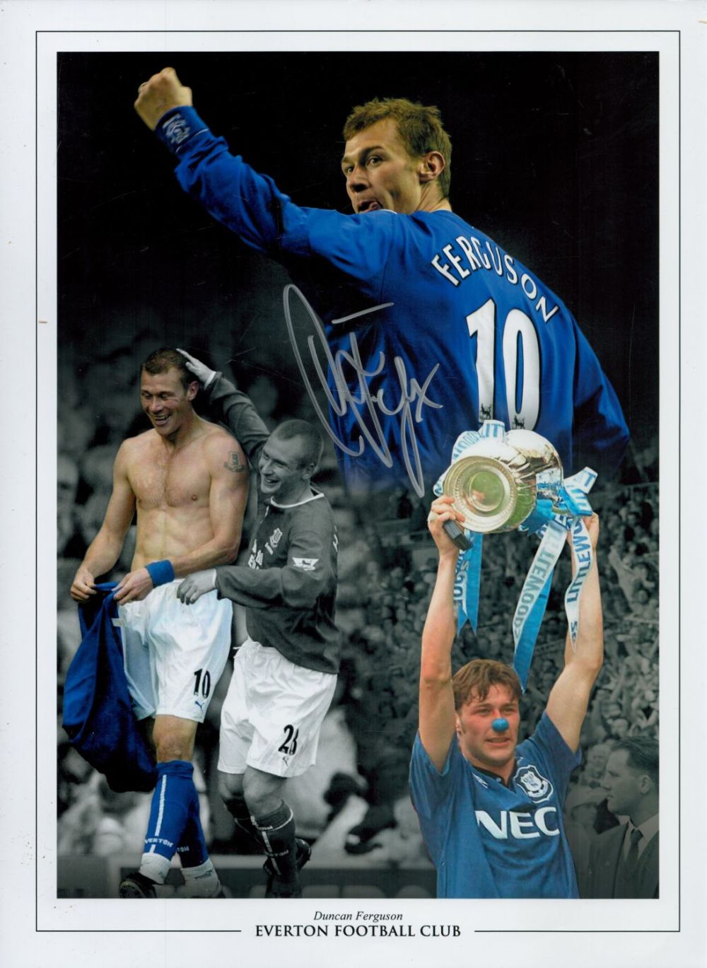 Lot 342: Duncan Ferguson signed 16x12 inch Everton montage print....