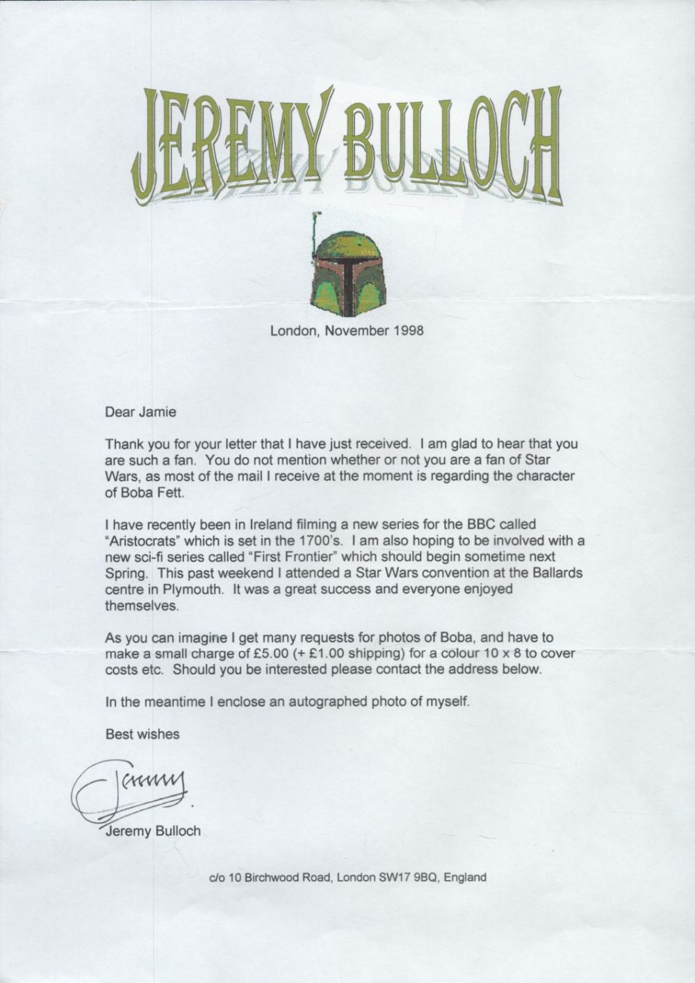 Lot 177: Tv and Film. Jeremy Bulloch Signed Typed Letter...