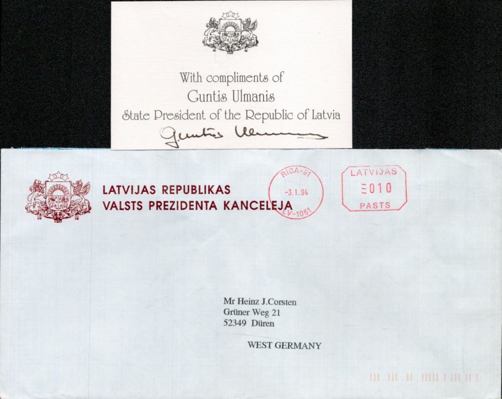 Lot 207: President of Republic of Latvia signed 4x2inch white...