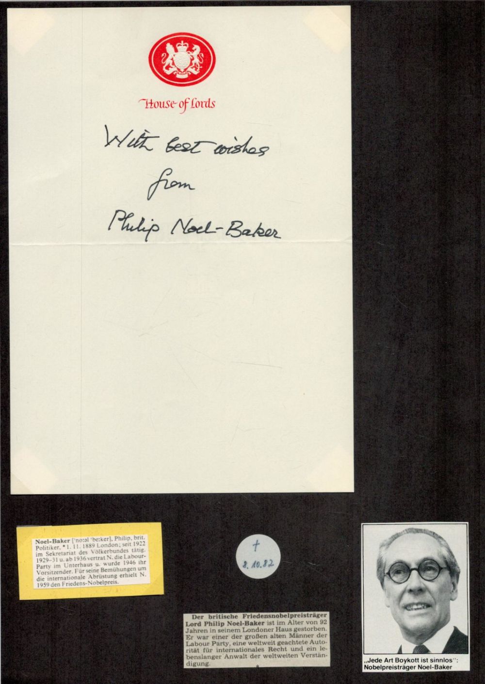 Lot 209: Philip Noel Baker signed House of Lords headed...