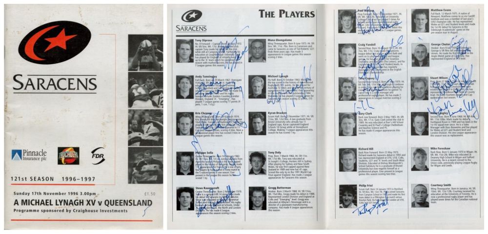 Lot 240: Saracens Match programme Signed for A Michael Lynagh...