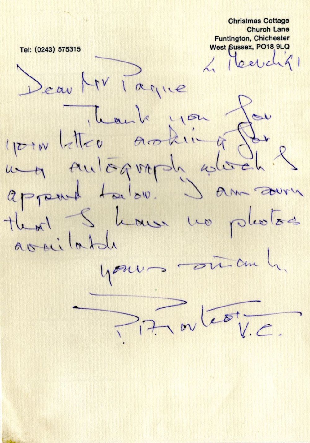 Lot 416: WW2. Colonel Pat Porteous VC Signed Handwritten Letter...