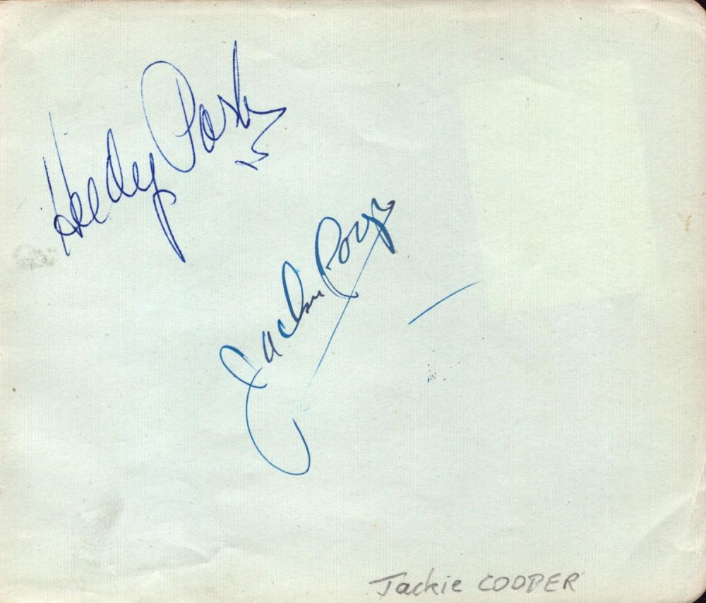 Lot 550: Jackie Cooper signed 6x5inch album page. Good condition....