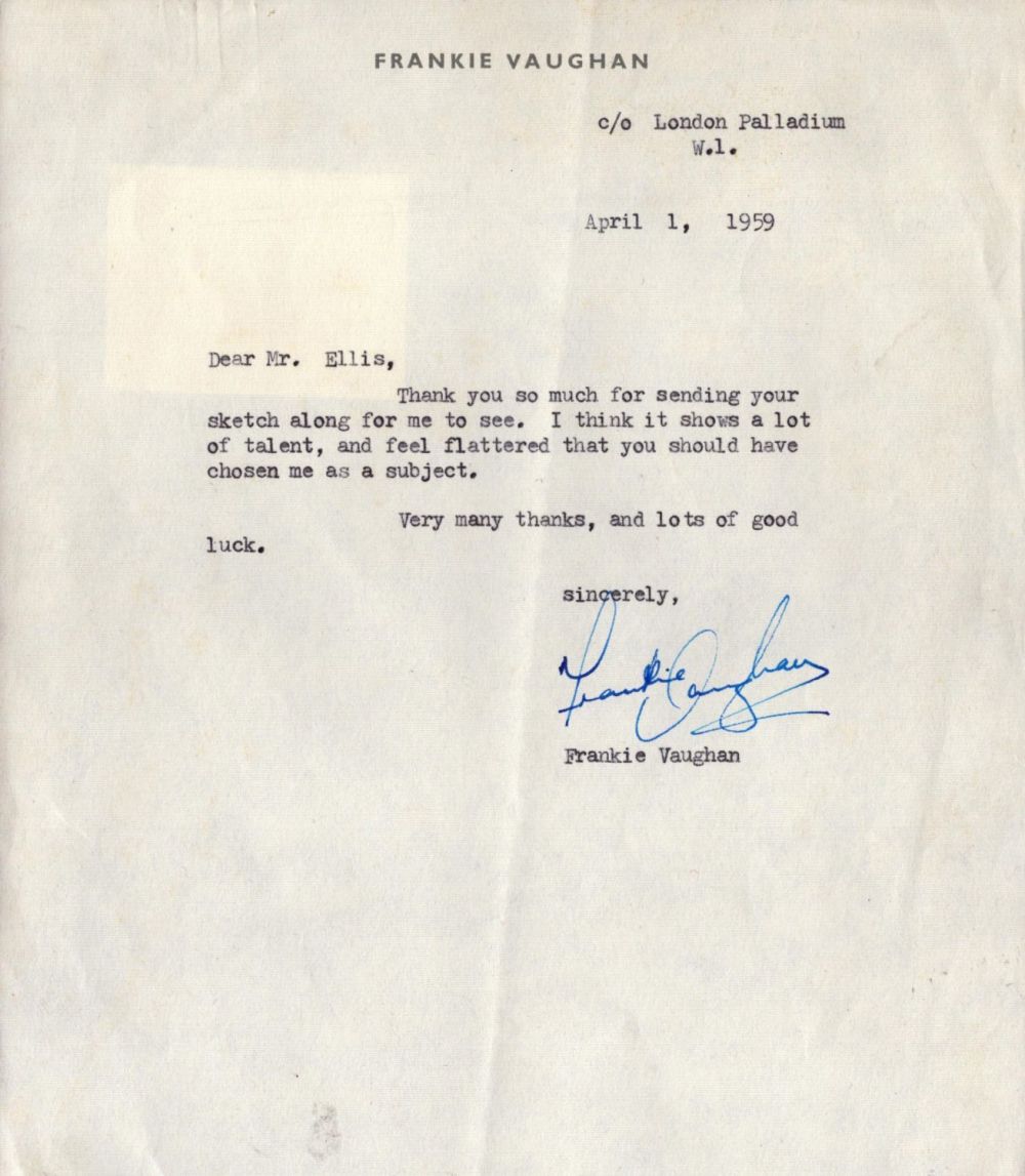 Lot 553: Frankie Vaughan TLS dated 1/4/1959. Good condition. All...
