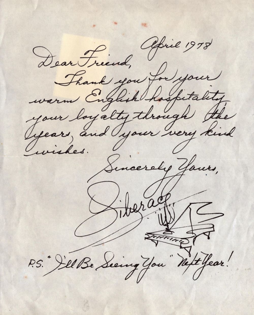 Lot 554: Liberace ALS dated April 1978. Good condition. All...