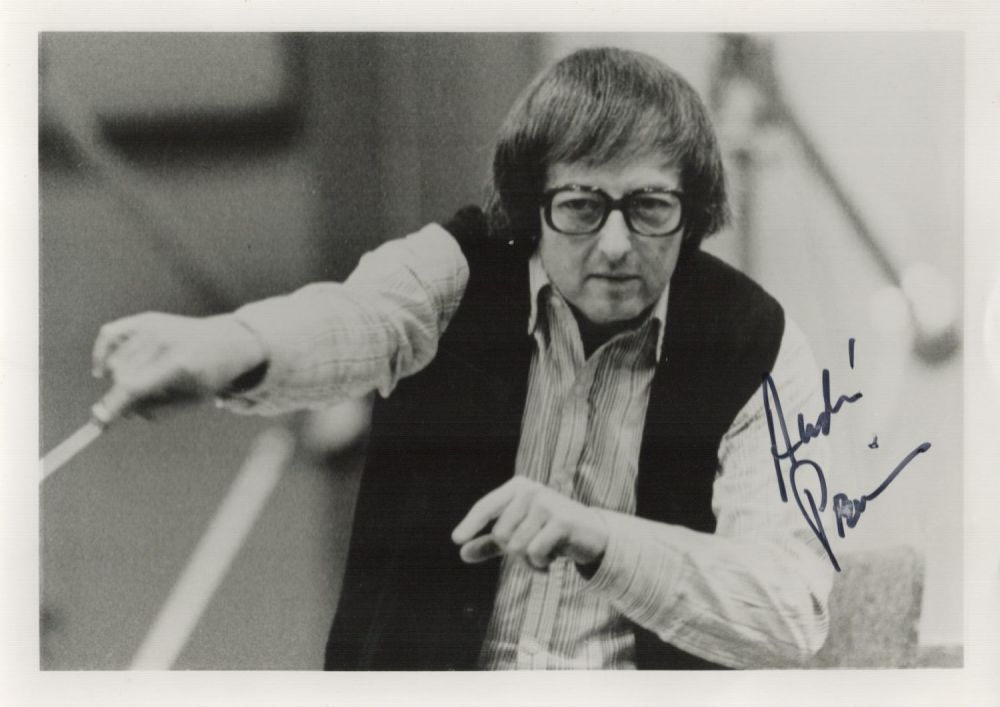 Lot 555: Andre Previn signed 7x5inch black and white photo....