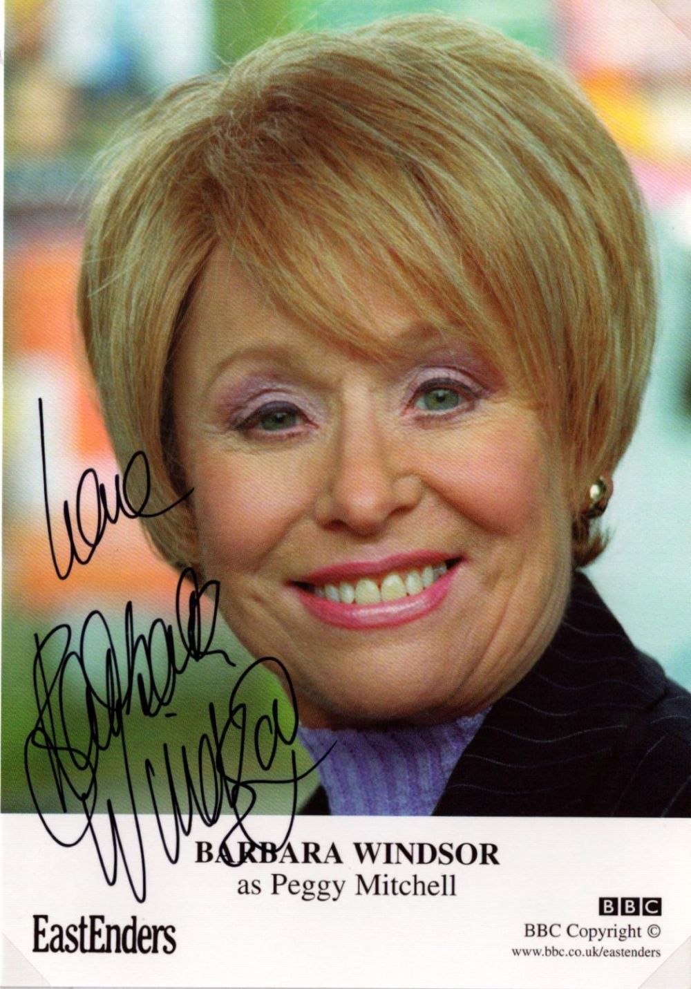 Lot 575: Barbara Windsor signed 6x4inch colour photo. Good condition....