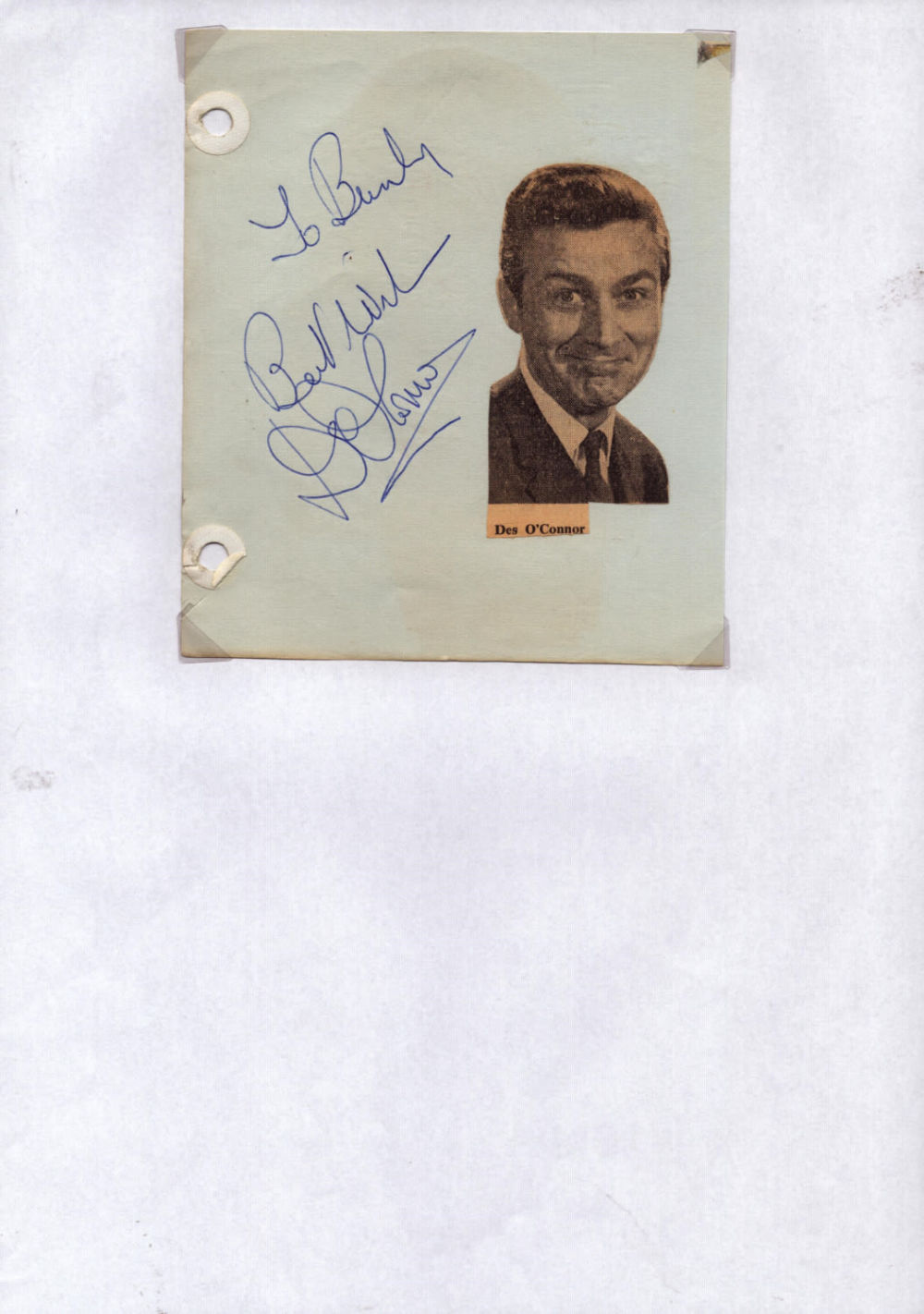 Lot 596: Des O'Connor signed 5x5inch album page. Dedicated. Good...