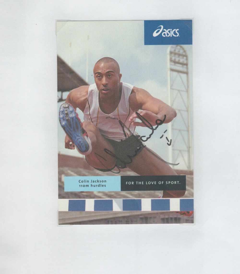 Lot 122: Athletics colin Jackson signed 6x4 Aasics colour promo...
