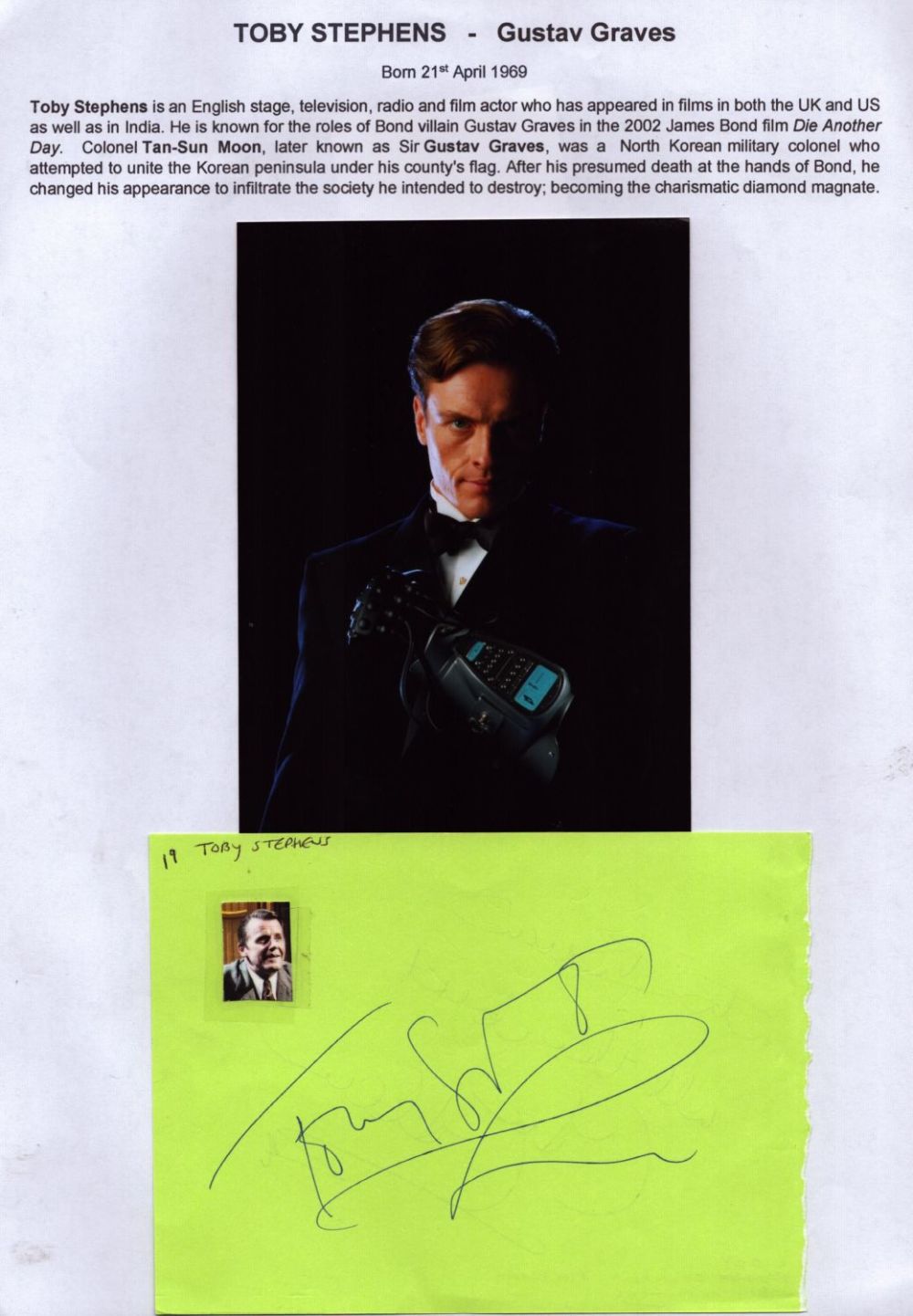 Lot 74: Toby Stephens signed 6x4 inches album page and...