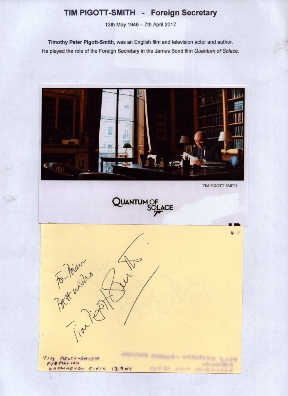 Lot 76: Tim Pigott Smith signed 6x4 inches album page...