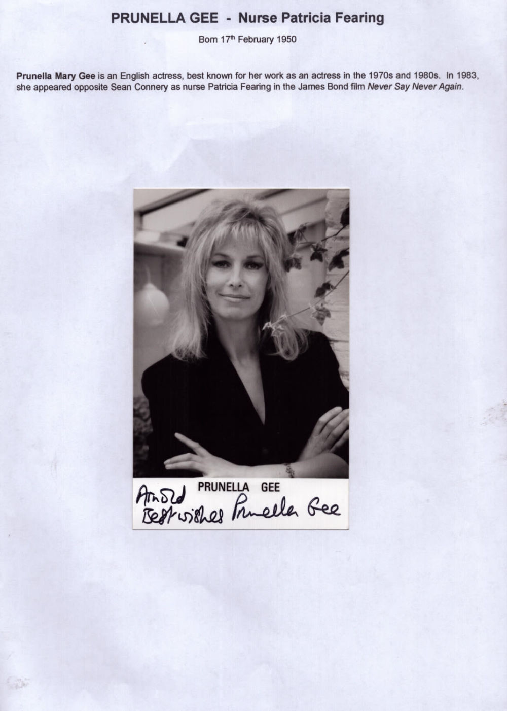 Lot 85: Bond Girl Prunella Gee signed 6x4 inches black...