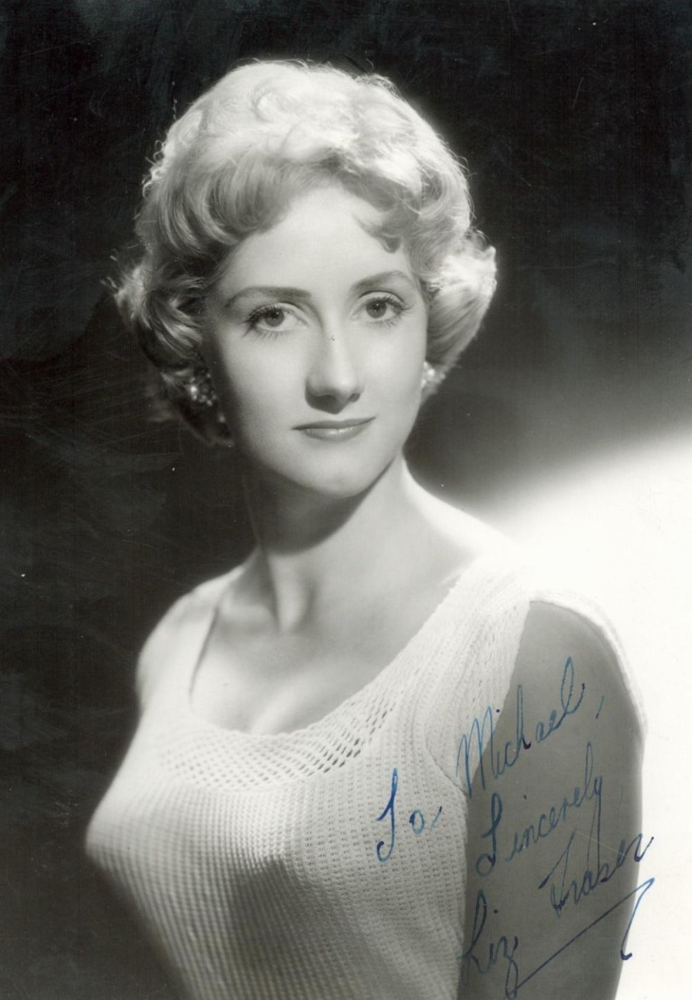 Lot 129: Liz Fraser, a signed and dedicated 6x4 vintage...