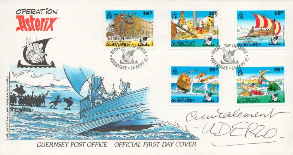 Lot 130: Albert Uderzo, a signed Asterix Guernsey FDC. Uderzo...