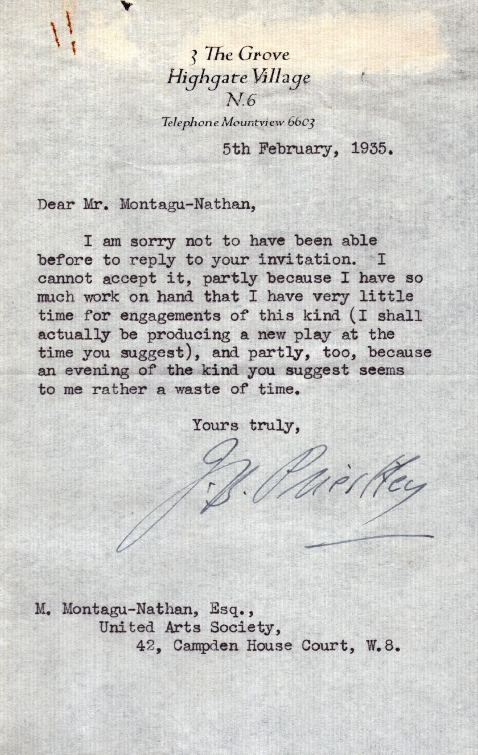 Lot 147: J B Priestley Novelist TLS dated 5/2/1935. Good...