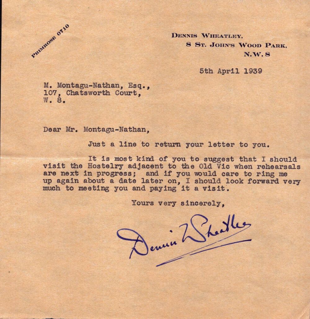 Lot 152: Dennis Wheatley Writer. TLS dated 5/4/1939. Good condition....