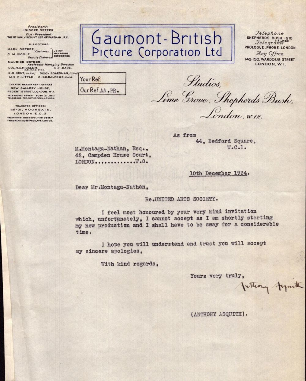 Lot 157: Anthony Asquith, film director. TLS dated 10/12/1934. Good...