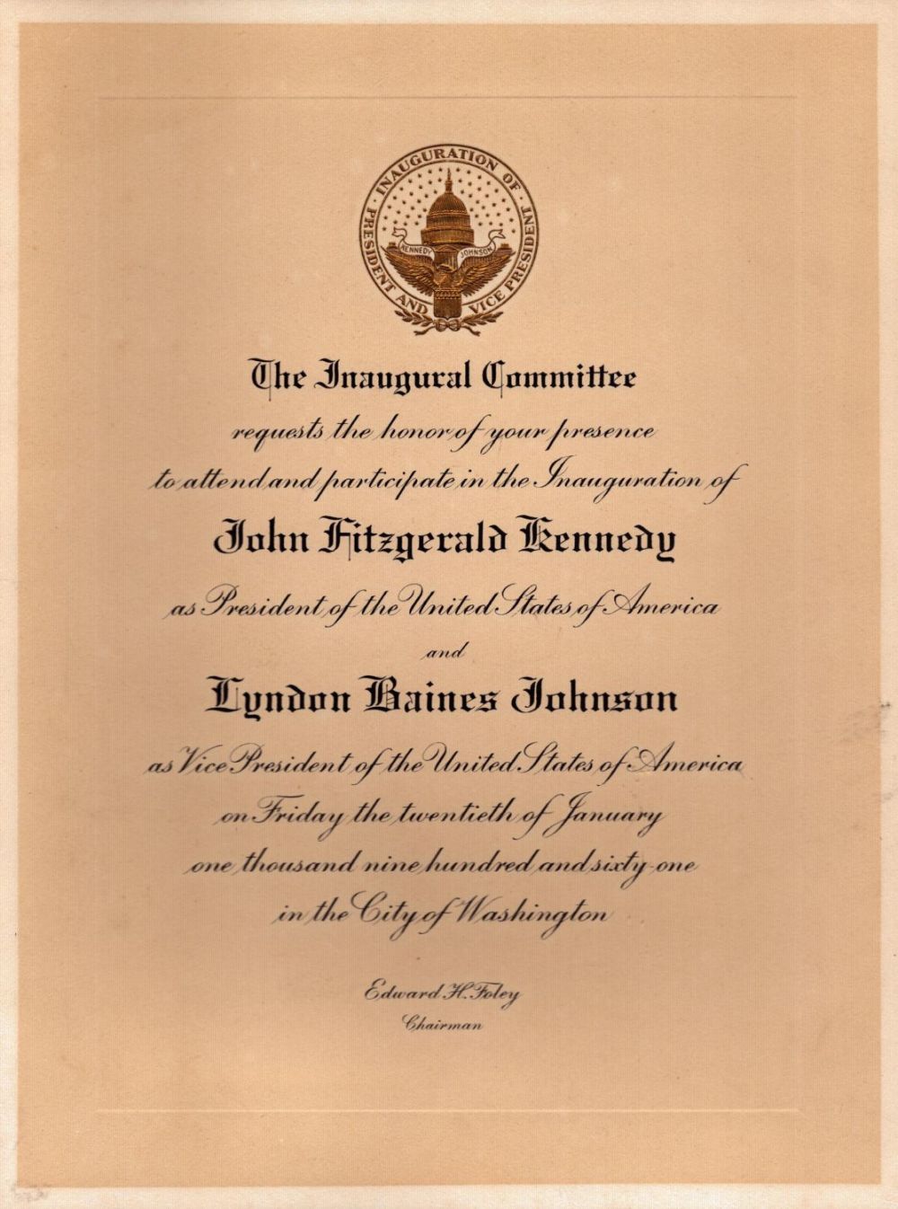 Lot 161: John F Kennedy inaugural invitation from 1961 UNSIGNED....