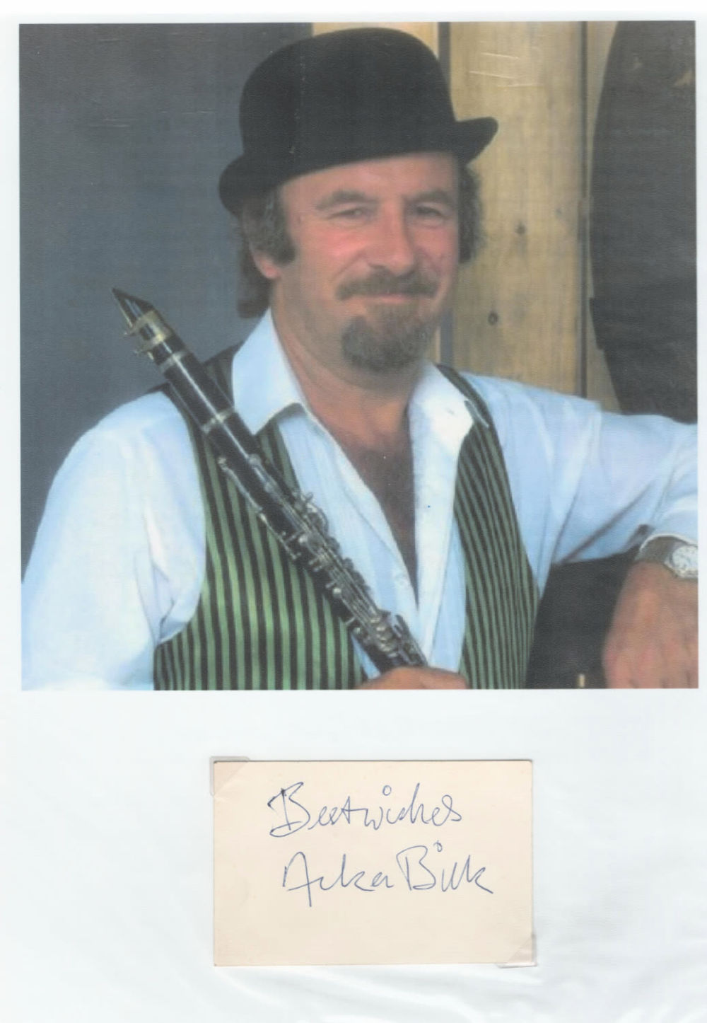 Lot 203: Acker Bilk signed 3x2inch card. Good condition. All...