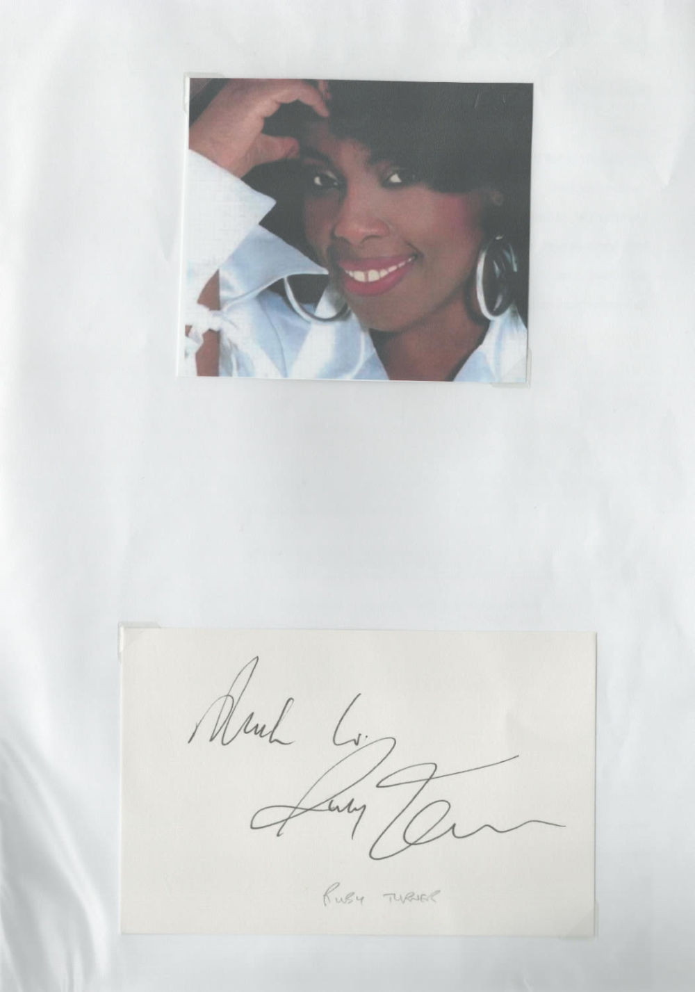 Lot 210: Ruby Turner signed 6x4inch album page. Good condition....