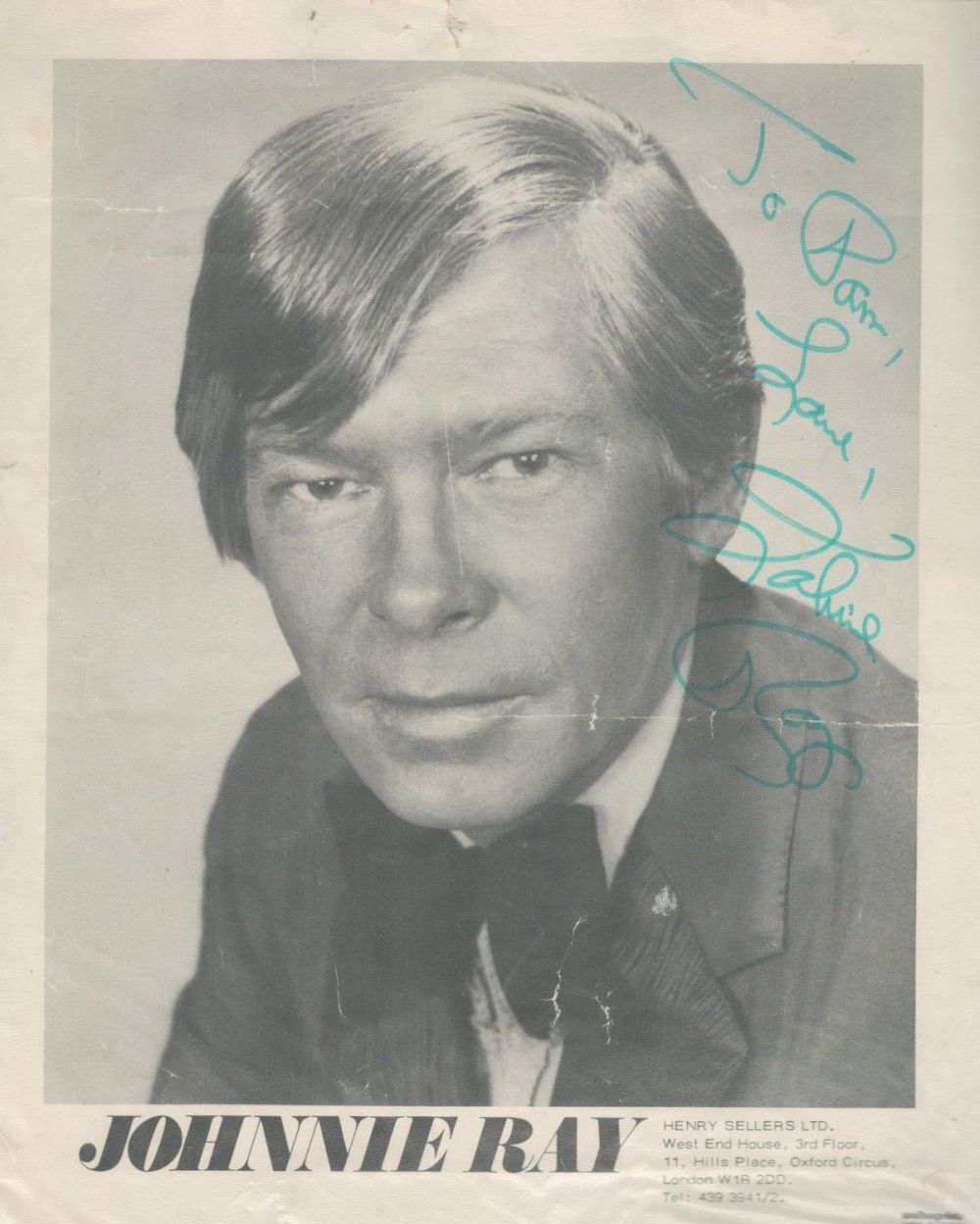 Lot 217: Johnnie Ray signed 10x8inch black and white photo....