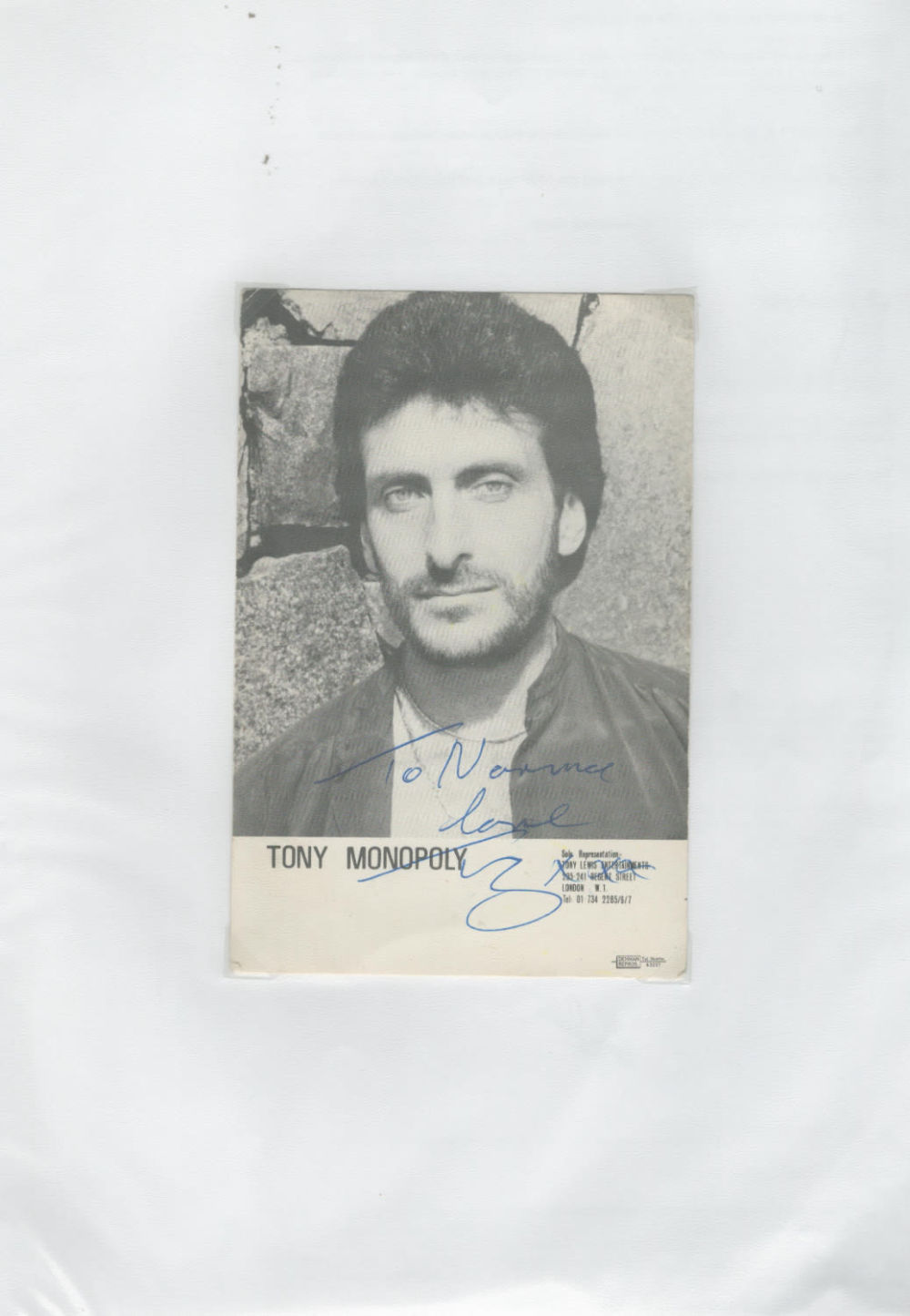 Lot 226: Tony Monopoly signed 6x4inch black and white photo....
