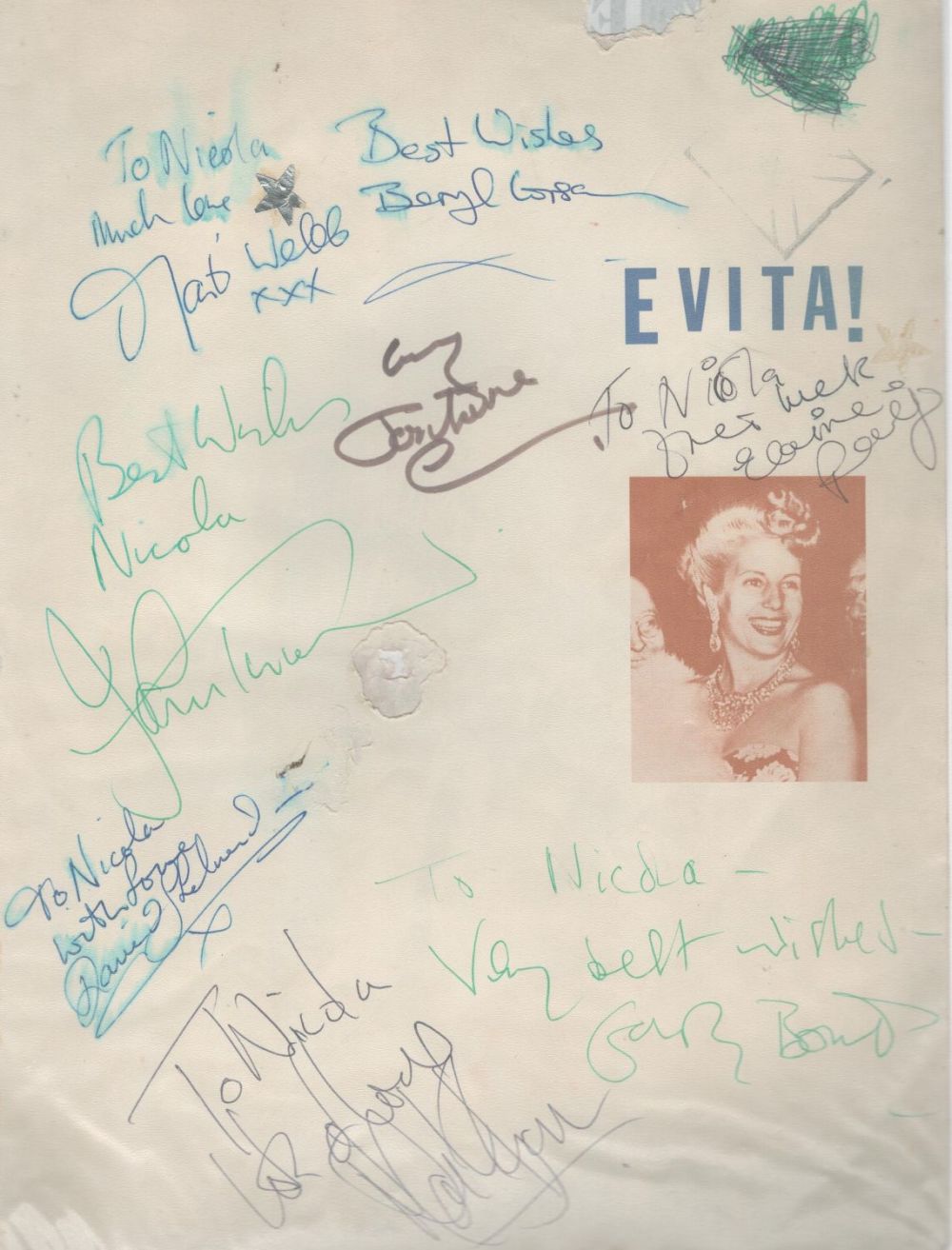 Lot 227: Multi signed A4 sheet from Evita. Amongst signatures...