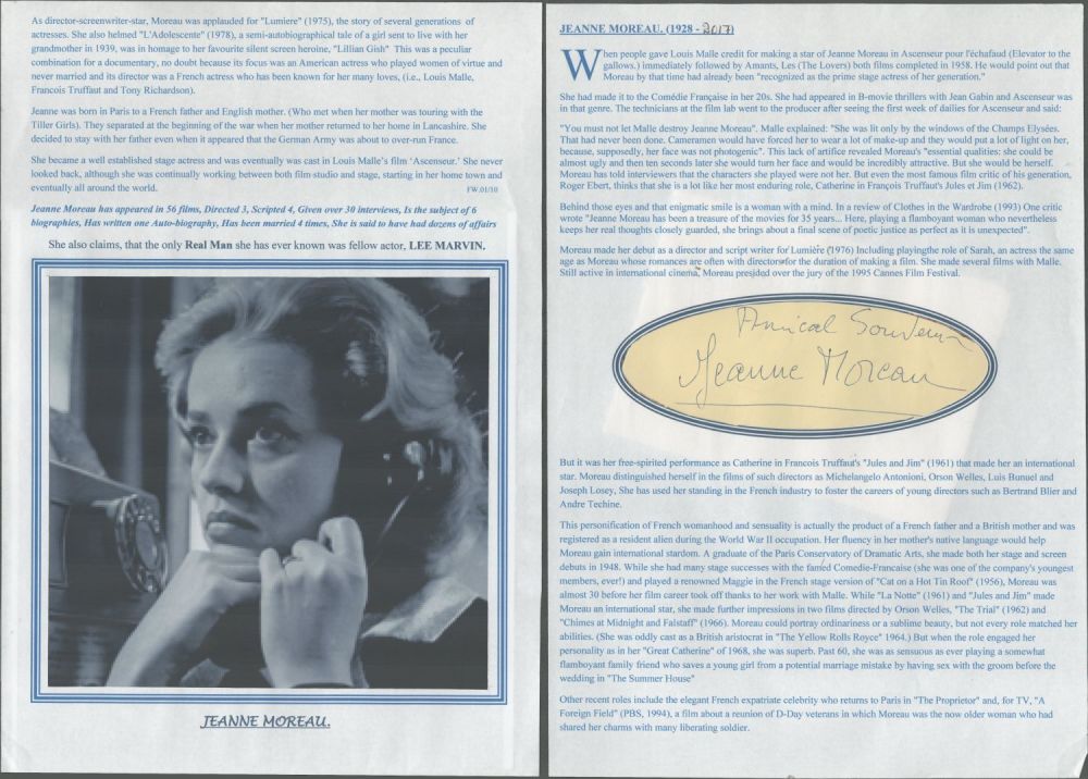 Lot 546: Jeanne Moreau irregular cut signature piece. Approx size...