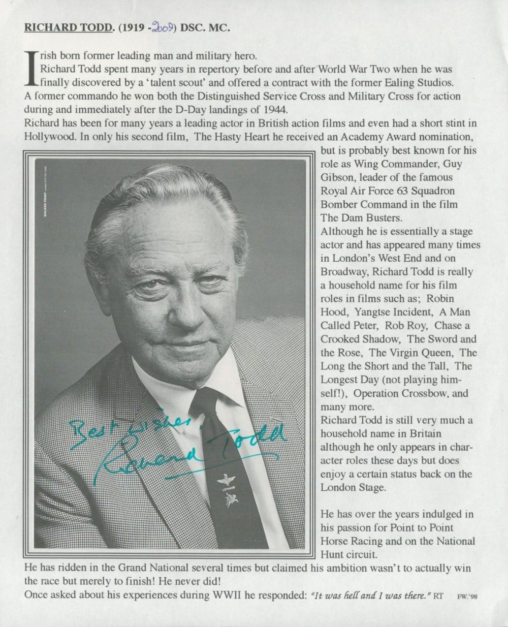 Lot 547: Richard Todd signed 6x4inch black and white photo....