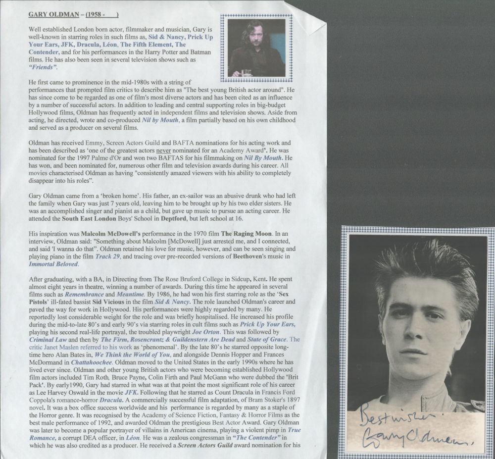 Lot 562: Gary Oldman signed 6x4inch black and white photo....