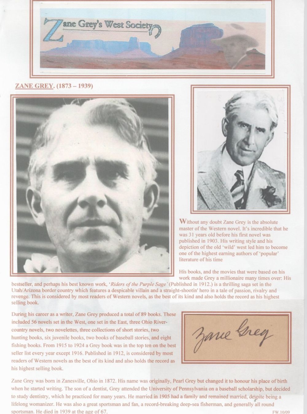 Lot 567: Zane Grey 10x8 signature piece. Good condition. All...