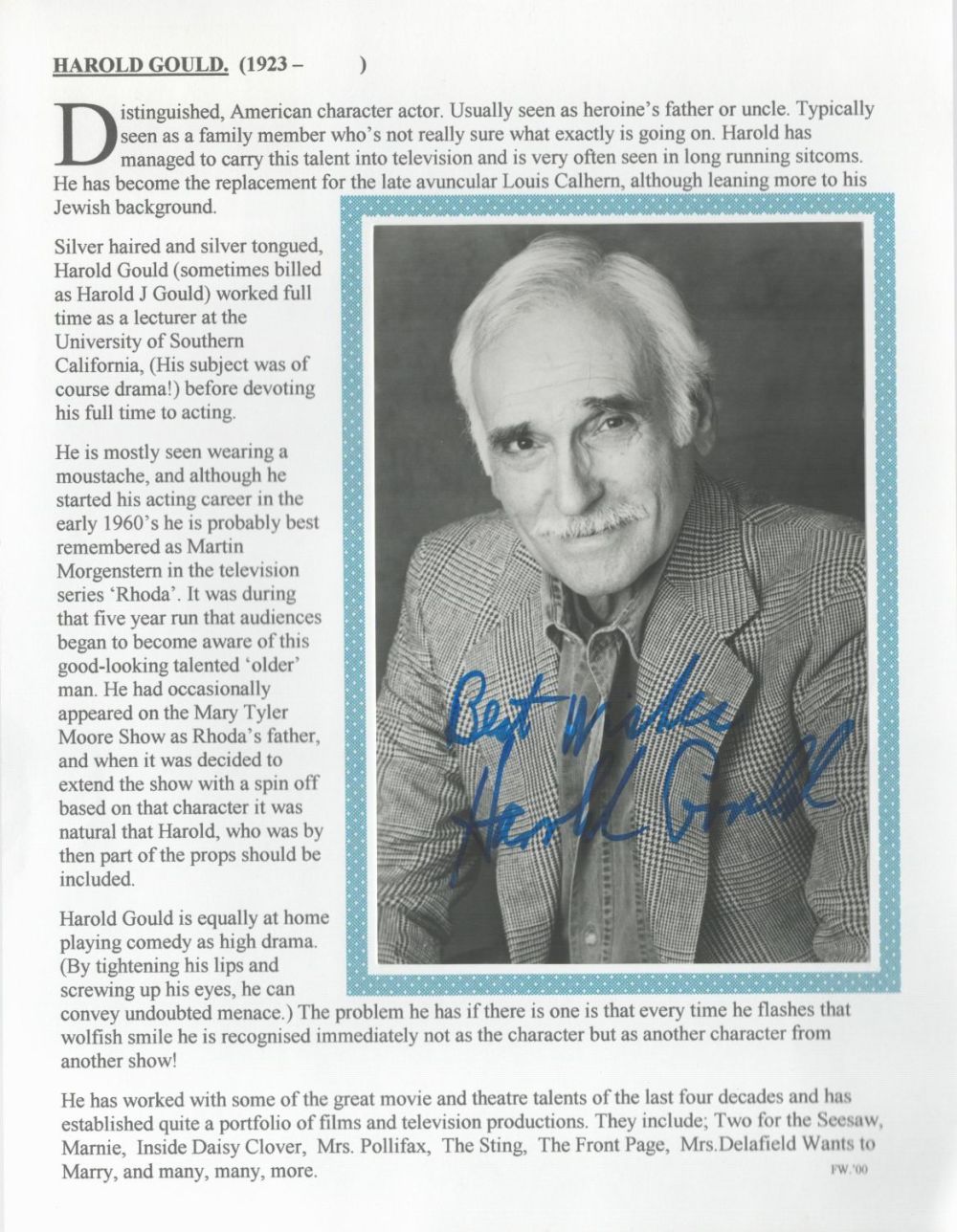 Lot 568: Harold Gould signed 6x4 black and white photo...